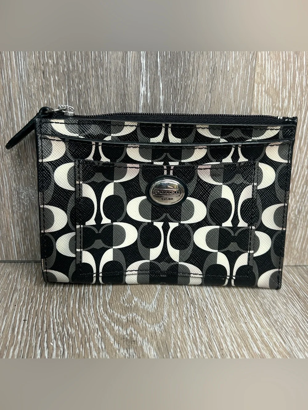 COACH Signature C Black Grey Zip Key Ring Card Case Coin Pouch Wallet